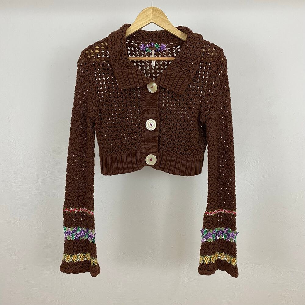 Free People Bell Embellished Cardigan - Brown - Size Medium
